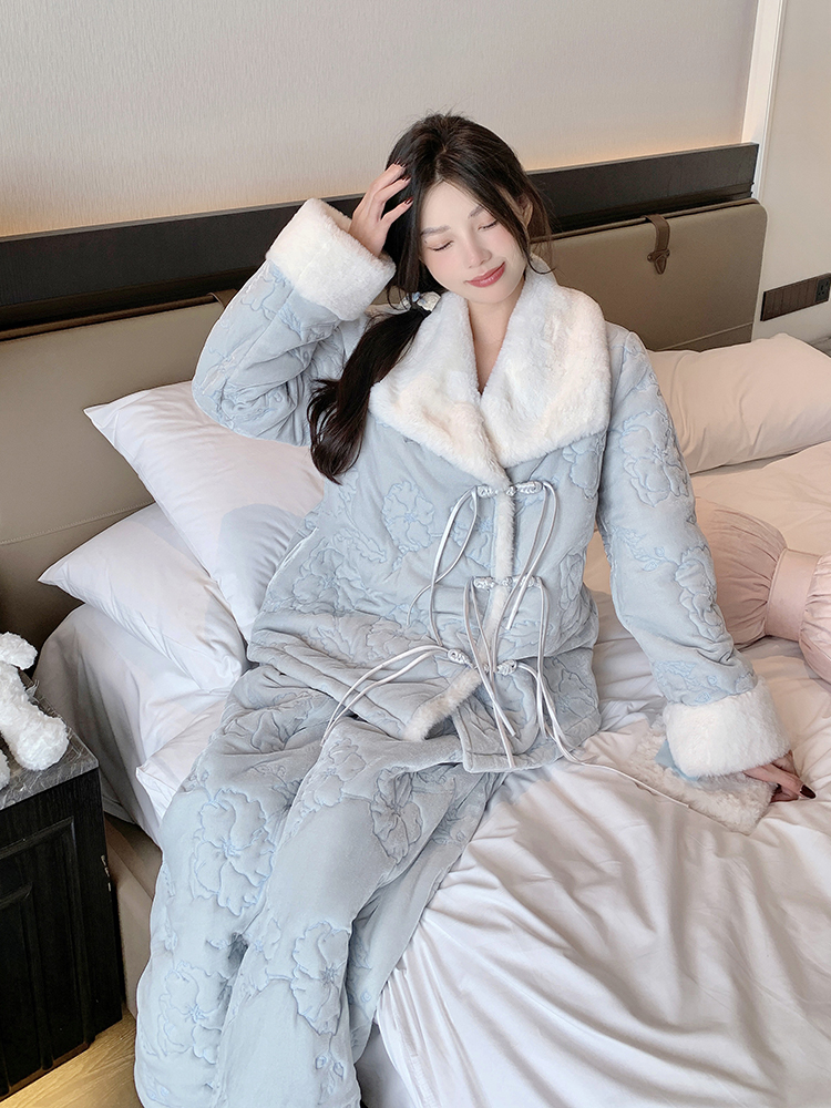 Women's Thick Warm Fleece Pajama Set - Autumn Winter Cotton-Padded Three-Layer National Style Loungewear Women's Thick Warm Fleece Pajama Set - Autumn Winter Cotton-Padded Three-Layer National Style Loungewear