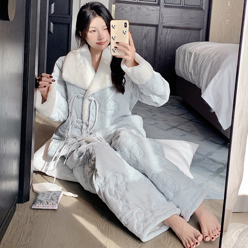 Women's Thick Warm Fleece Pajama Set - Autumn Winter Cotton-Padded Three-Layer National Style Loungewear