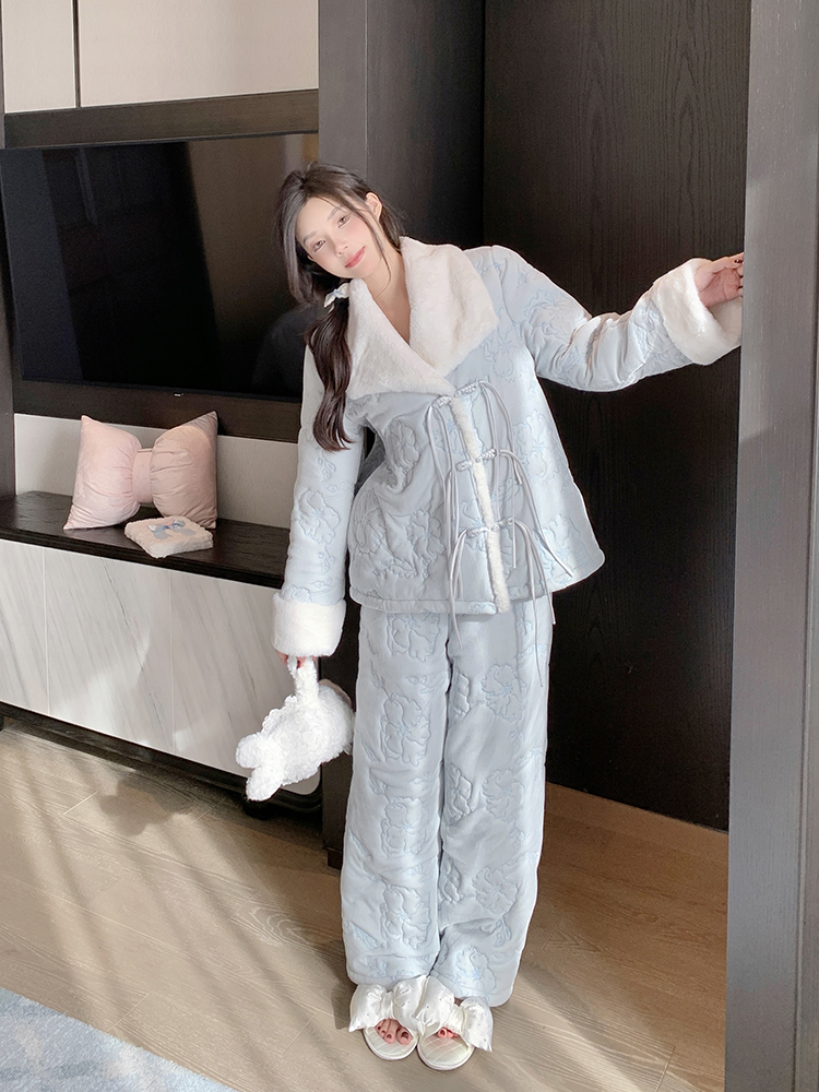 Women's Thick Warm Fleece Pajama Set - Autumn Winter Cotton-Padded Three-Layer National Style Loungewear Women's Thick Warm Fleece Pajama Set - Autumn Winter Cotton-Padded Three-Layer National Style Loungewear