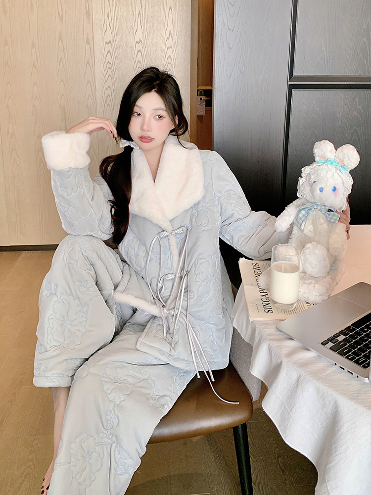 Women's Thick Warm Fleece Pajama Set - Autumn Winter Cotton-Padded Three-Layer National Style Loungewear Women's Thick Warm Fleece Pajama Set - Autumn Winter Cotton-Padded Three-Layer National Style Loungewear