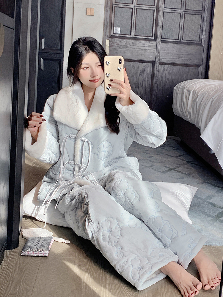 Women's Thick Warm Fleece Pajama Set - Autumn Winter Cotton-Padded Three-Layer National Style Loungewear Women's Thick Warm Fleece Pajama Set - Autumn Winter Cotton-Padded Three-Layer National Style Loungewear