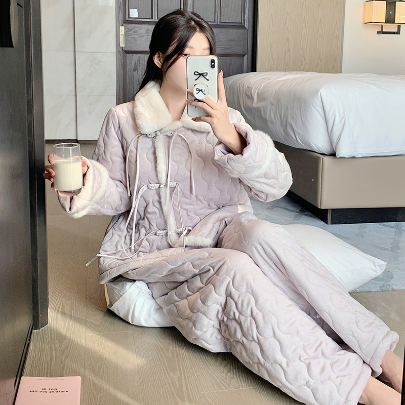Women's Three-Layer Quilted Coral Fleece Pajama Set - Autumn Winter National Style Loungewear for Outdoor Comfort