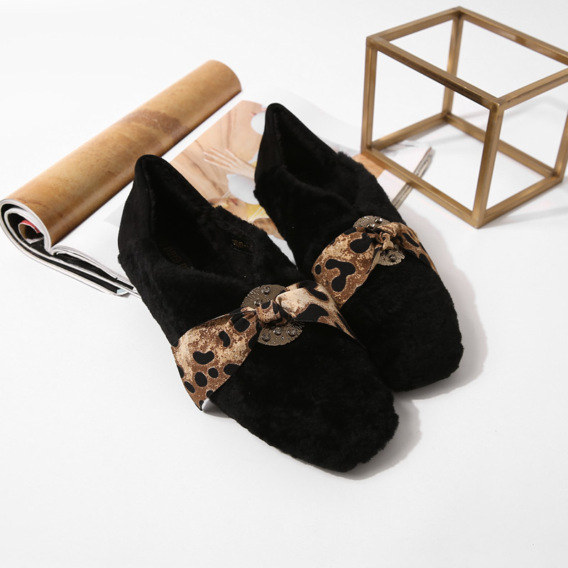 Women's Trendy Leopard Print Bow Flat Shoes with Square Toe, Shiny Diamonds, Plush Lining for Autumn and Winter Fashion Women's Trendy Leopard Print Bow Flat Shoes with Square Toe, Shiny Diamonds, Plush Lining for Autumn and Winter Fashion