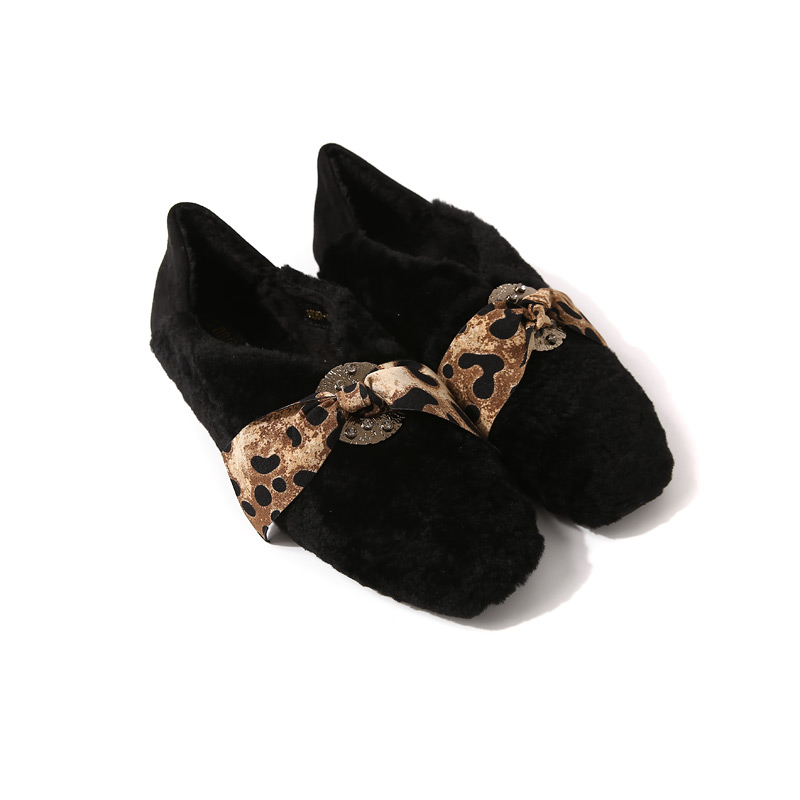 Women's Trendy Leopard Print Bow Flat Shoes with Square Toe, Shiny Diamonds, Plush Lining for Autumn and Winter Fashion Women's Trendy Leopard Print Bow Flat Shoes with Square Toe, Shiny Diamonds, Plush Lining for Autumn and Winter Fashion