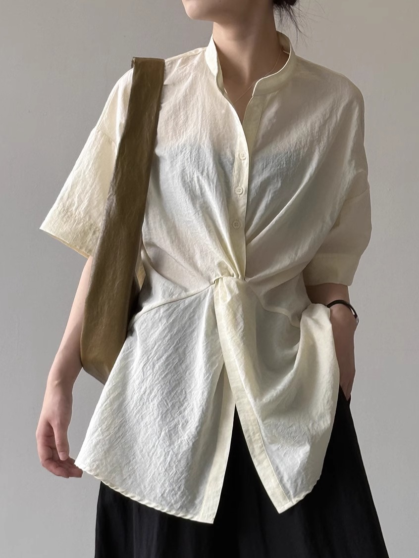 Women's Unique Knotted Waist Mid-Sleeve Shirt - Casual Loose Fit, Elegant Thin Top for Summer 2025, Trendy Fashion Essential