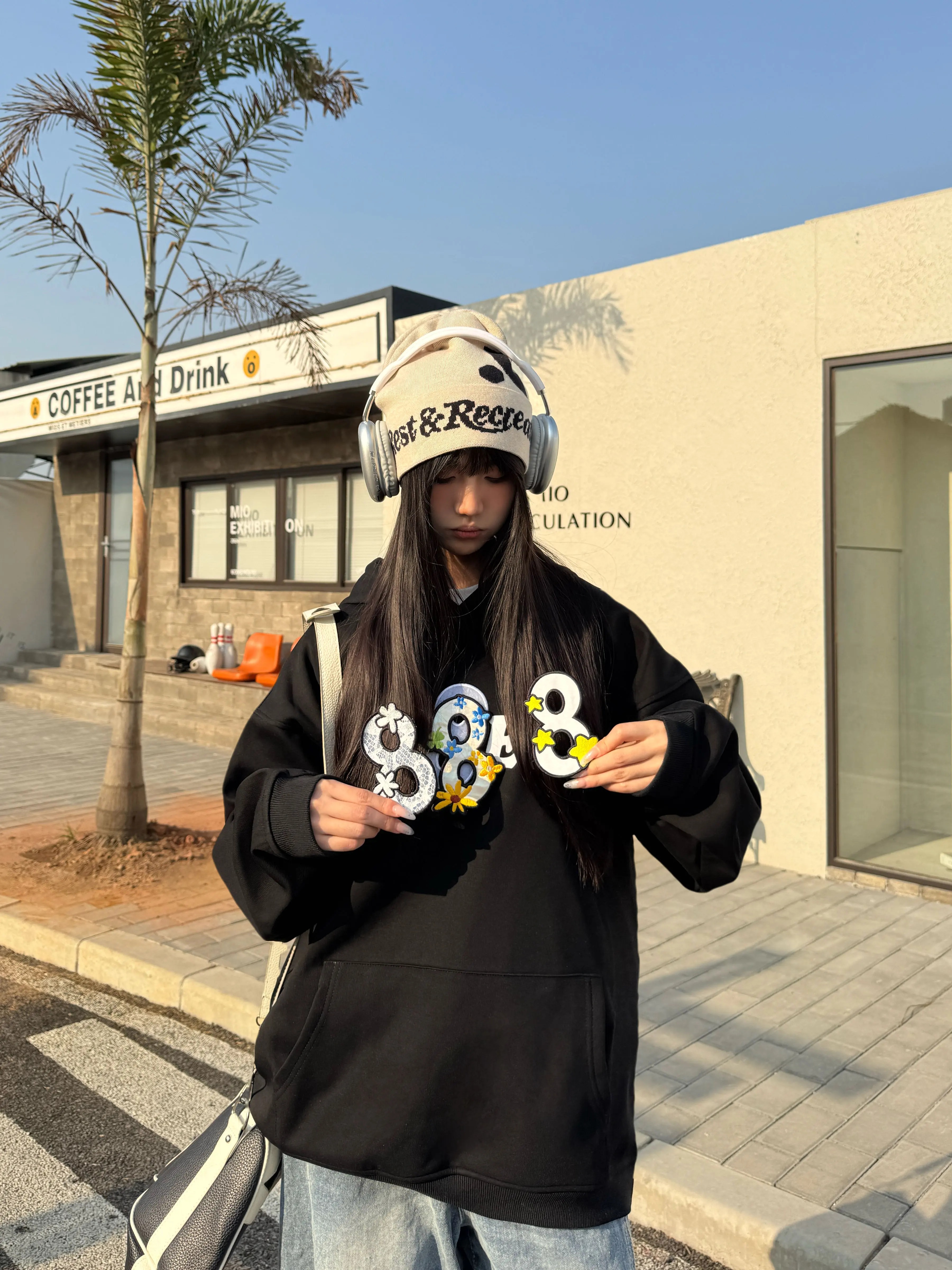 Women's Velcro Fleece Hooded Sweatshirt - Loose Fit, National Trend Letter Design, American Street Style