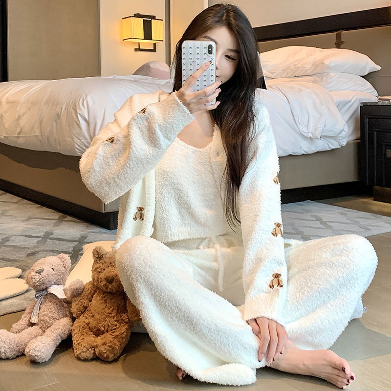 Women's Velvet Pajamas Set - Cozy Coral Fleece 3-Piece Maternity Loungewear, Plush Bear Design for Autumn and Winter Comfort