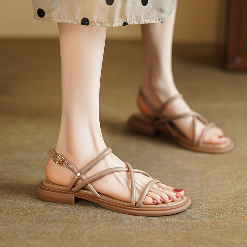 Women's Vintage Flat Sandals, Open-Toe Thin Strap Roman Shoes, Casual One-Buckle Low-Heel Summer Style 2025