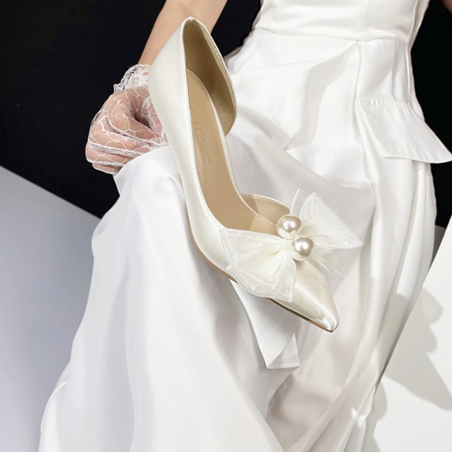 Women's White Pointed Toe Stiletto Heels with Bowknot - Bridal Wedding Shoes, Elegant Design for Bridesmaids