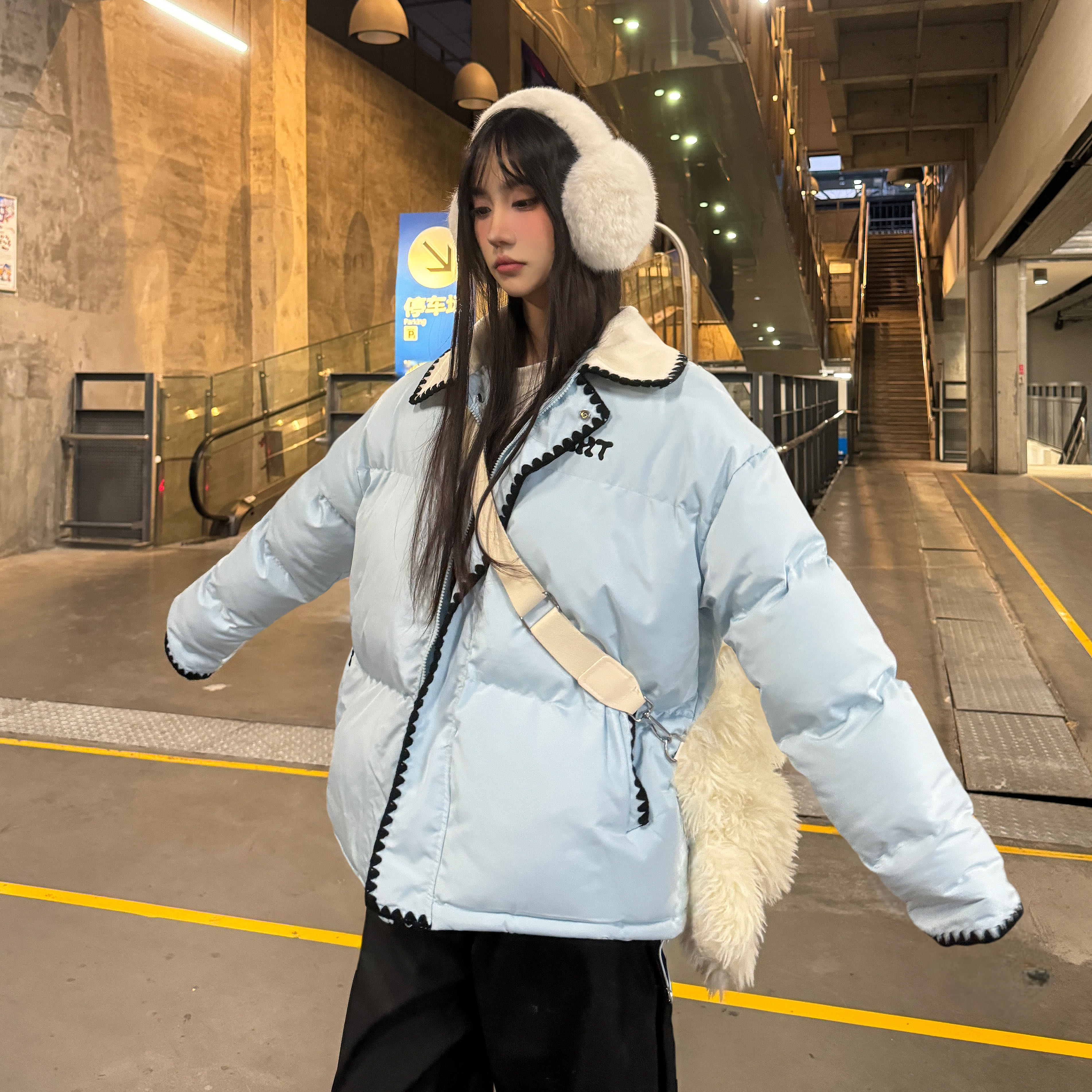 Women's Winter Cotton Jacket - American College Style Shell Embroidery, Spliced Lamb Collar, Thickened Outerwear