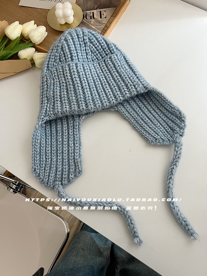 Women's Winter Korean Warm Thick Wool Ear-Flap Flying Hat, Cold-Resistant Knitted Lei Feng Style with Face-Shaping Design