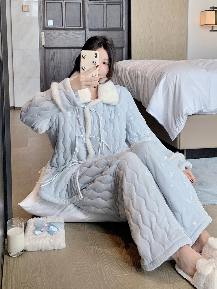 Women's Winter Pajamas Set, 2025 New Style, Three-Layer Thick Coral Fleece, Chinese Style Cotton-Padded Homewear for Indoor & Outdoor Use