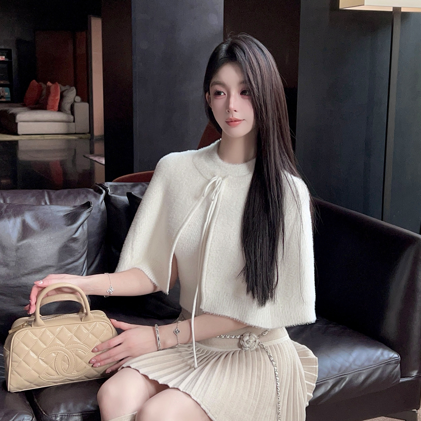 Women's Winter White Mink Velvet Knitted Shawl Cape and Inner Vest Two-Piece Set - Cozy Layering Essential