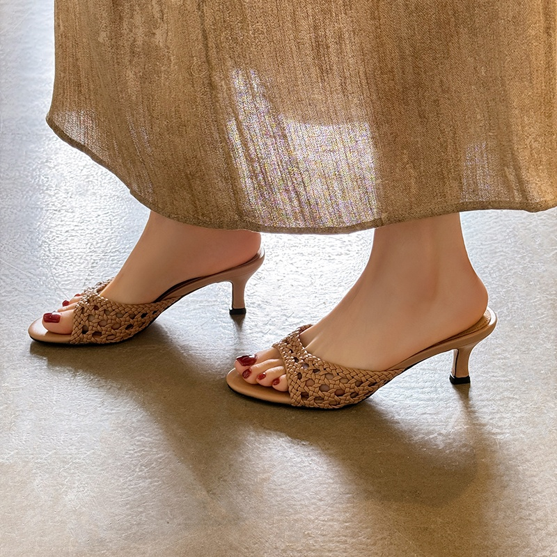 Women's Woven Half Slippers - Thin-Heeled French High Heels with One-Strap Design for Summer Vacation Outdoor Style Women's Woven Half Slippers - Thin-Heeled French High Heels with One-Strap Design for Summer Vacation Outdoor Style