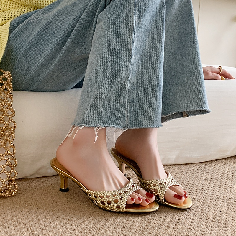 Women's Woven Half Slippers - Thin-Heeled French High Heels with One-Strap Design for Summer Vacation Outdoor Style Women's Woven Half Slippers - Thin-Heeled French High Heels with One-Strap Design for Summer Vacation Outdoor Style