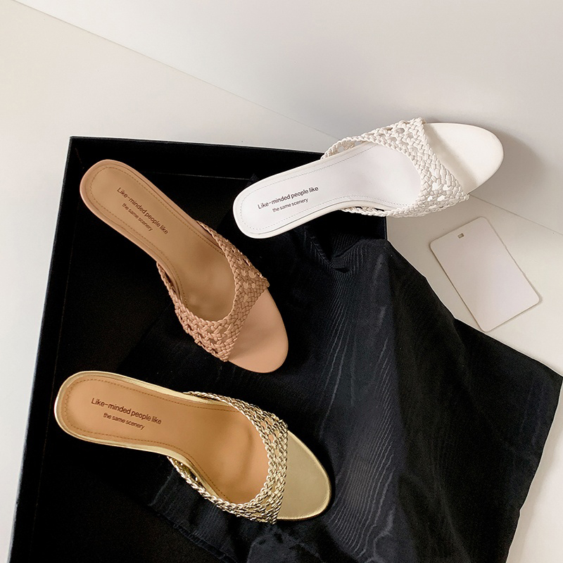 Women's Woven Half Slippers - Thin-Heeled French High Heels with One-Strap Design for Summer Vacation Outdoor Style