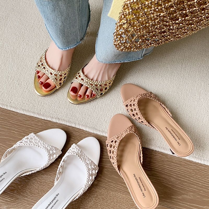 Women's Woven Half Slippers - Thin-Heeled French High Heels with One-Strap Design for Summer Vacation Outdoor Style Women's Woven Half Slippers - Thin-Heeled French High Heels with One-Strap Design for Summer Vacation Outdoor Style