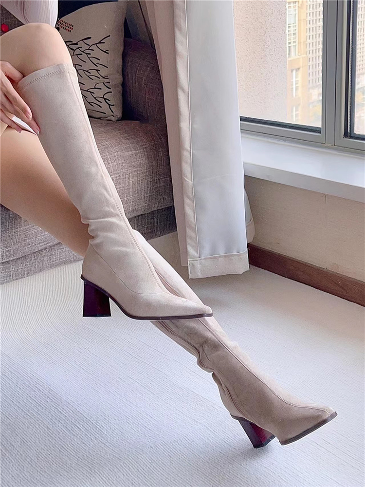 Wood Grain Over-the-Knee High-Heeled Boots for Women - Pointed Toe Chunky Heel Suede - Autumn Winter 2025 Fashion Wood Grain Over-the-Knee High-Heeled Boots for Women - Pointed Toe Chunky Heel Suede - Autumn Winter 2025 Fashion