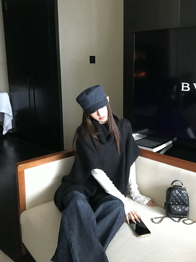 Wool Cape Vest High Neck Knitted Sweater and Shorts Set - Winter Slim Fit Fashion for Cozy Layering