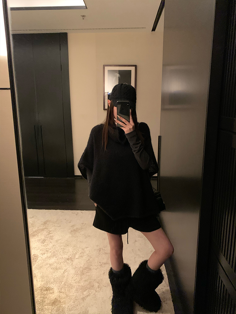 Wool Cape Vest High Neck Knitted Sweater and Shorts Set - Winter Slim Fit Fashion for Cozy Layering Wool Cape Vest High Neck Knitted Sweater and Shorts Set - Winter Slim Fit Fashion for Cozy Layering