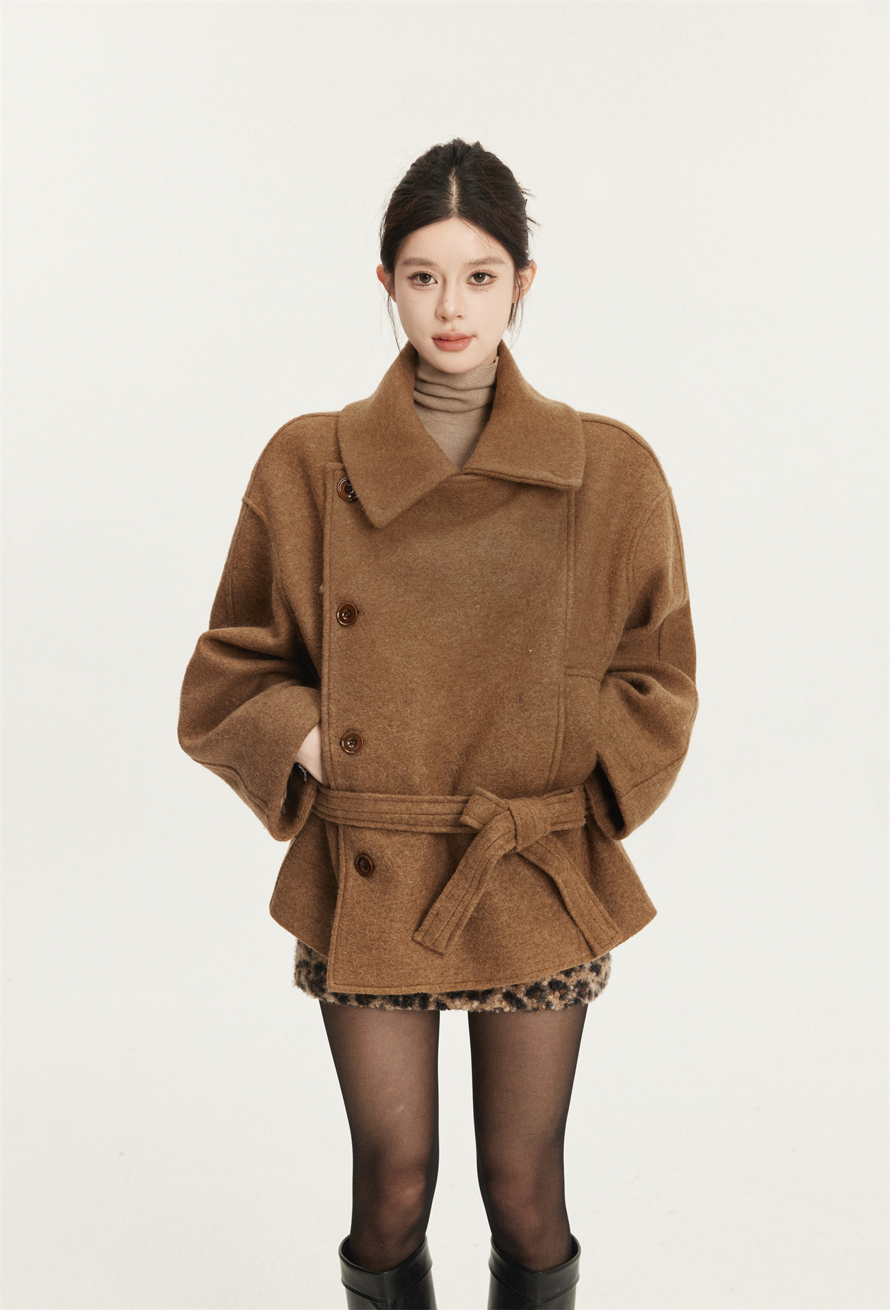 Wool Stand Collar Short Double-Breasted Overcoat for Women - Classic Vintage Style, Chic Outerwear, Perfect for Fall and Winter