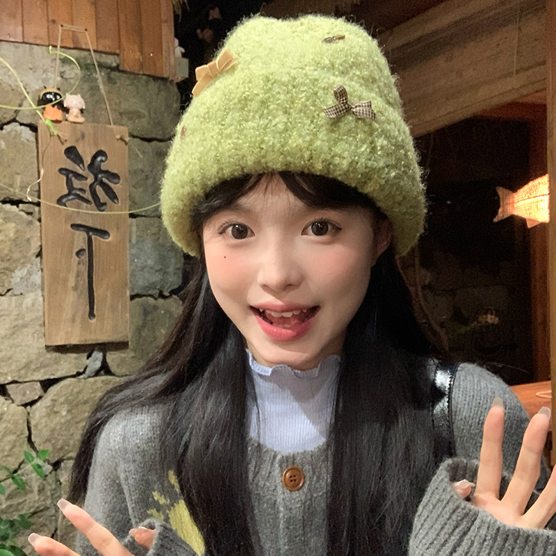 Woolen Bowknot Hat for Women - Knitted Autumn Winter Hat for Warmth & Ear Protection - Cozy Cold Weather Accessory Woolen Bowknot Hat for Women - Knitted Autumn Winter Hat for Warmth & Ear Protection - Cozy Cold Weather Accessory