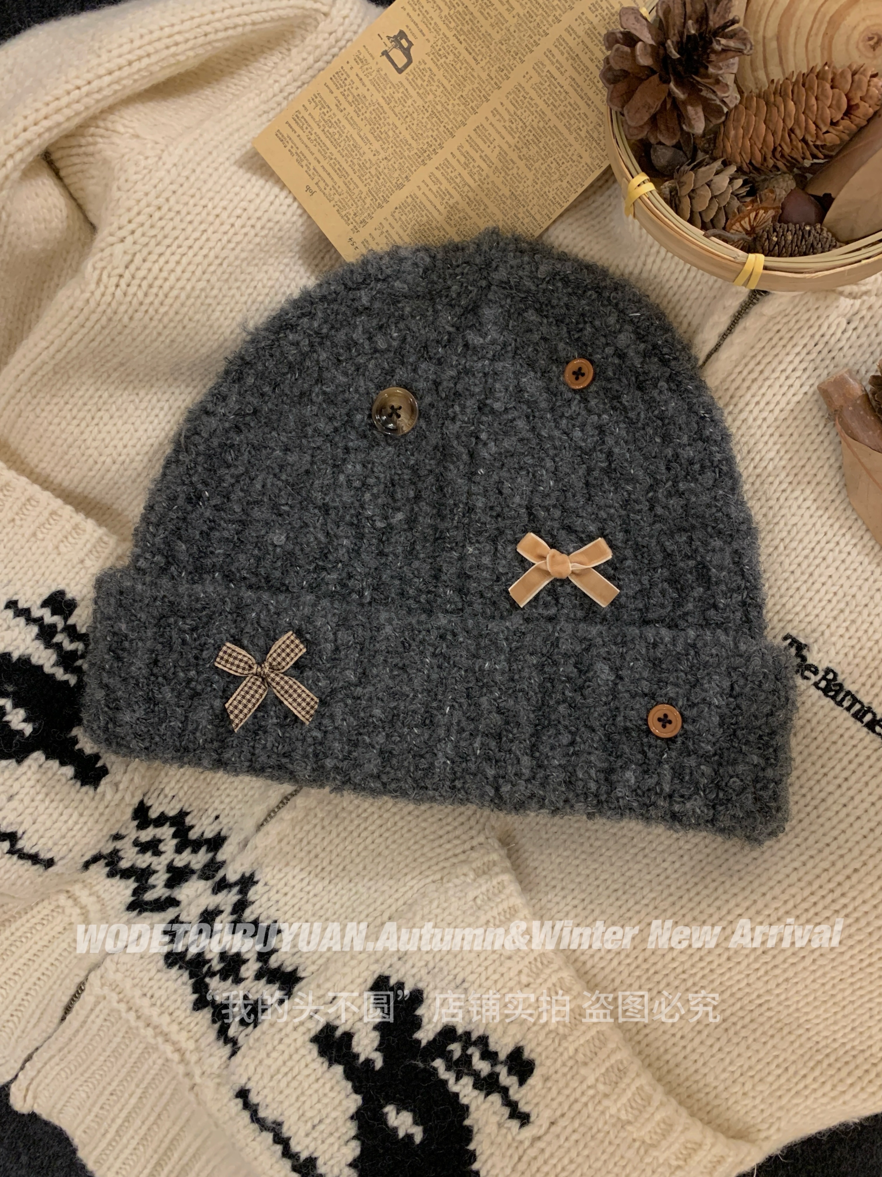 Woolen Bowknot Hat for Women - Knitted Autumn Winter Hat for Warmth & Ear Protection - Cozy Cold Weather Accessory Woolen Bowknot Hat for Women - Knitted Autumn Winter Hat for Warmth & Ear Protection - Cozy Cold Weather Accessory