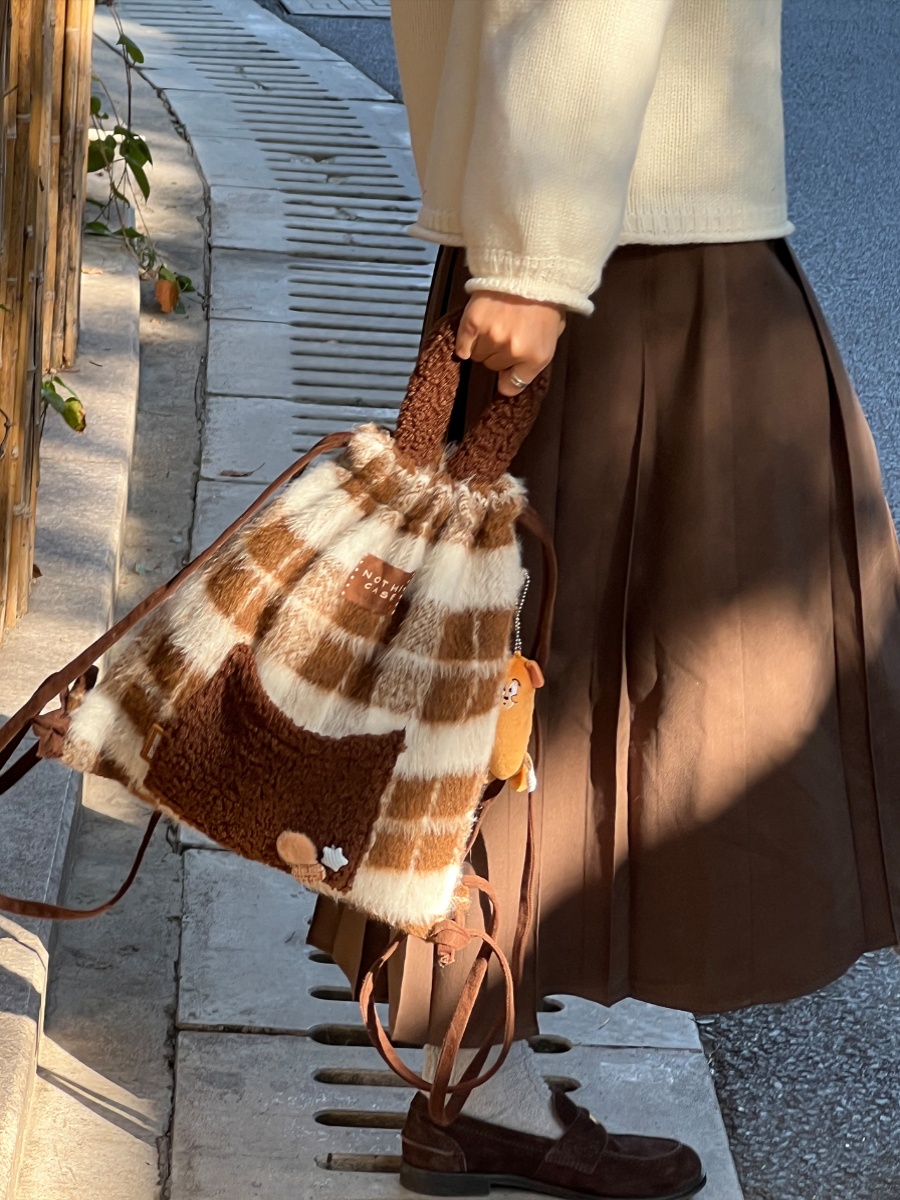 Woolen Striped Texture Double Shoulder Backpack for Women - Autumn Winter Niche Book Bag, Trendy and Stylish Woolen Striped Texture Double Shoulder Backpack for Women - Autumn Winter Niche Book Bag, Trendy and Stylish