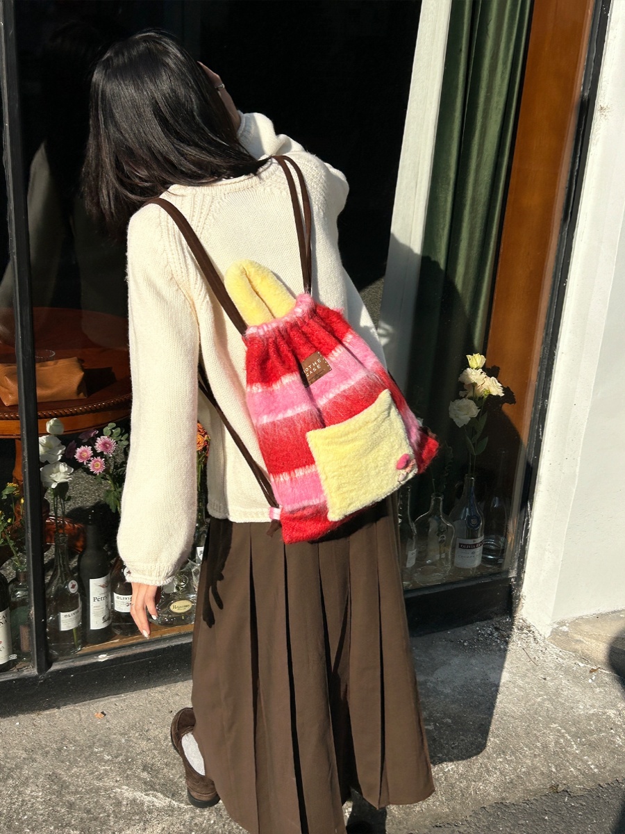 Woolen Striped Texture Double Shoulder Backpack for Women - Autumn Winter Niche Book Bag, Trendy and Stylish Woolen Striped Texture Double Shoulder Backpack for Women - Autumn Winter Niche Book Bag, Trendy and Stylish