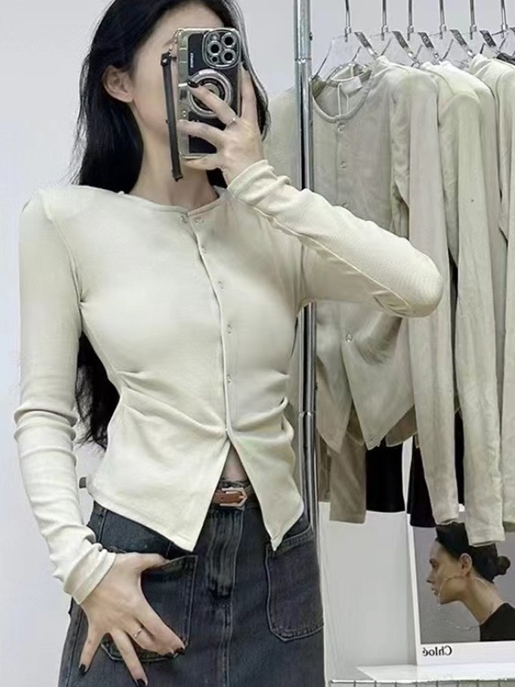 Wrinkled Split Long Sleeve T-Shirt for Women - Slim Fit Flattering Irregular Chic Top - Trendy Fashion Essential Wrinkled Split Long Sleeve T-Shirt for Women - Slim Fit Flattering Irregular Chic Top - Trendy Fashion Essential