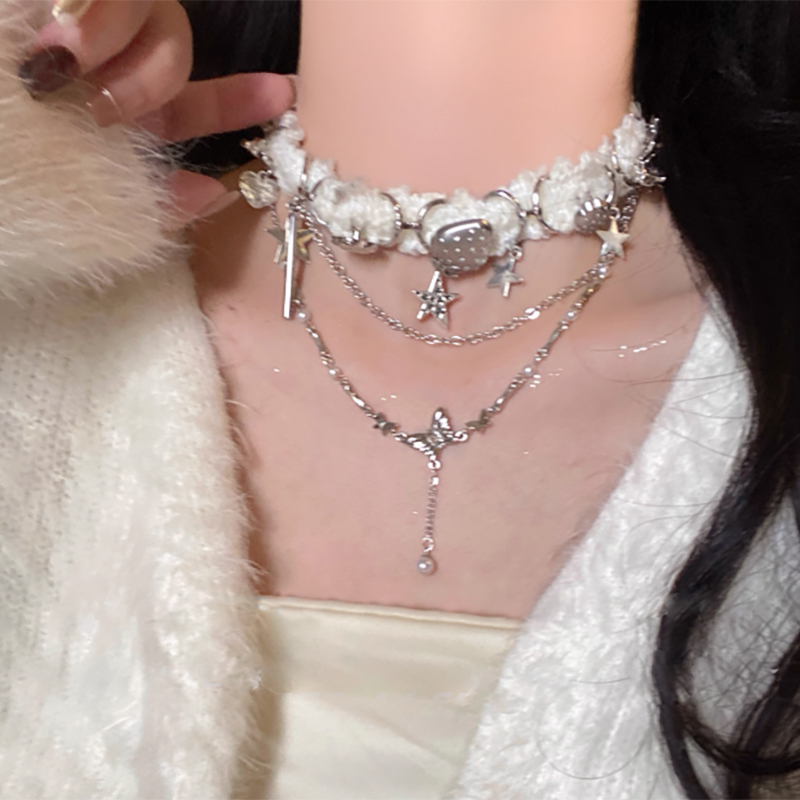 Y2K Choker Collarbone Chain for Women, Star Patchwork Plush Neck Chain, Autumn Winter Subculture Accessory