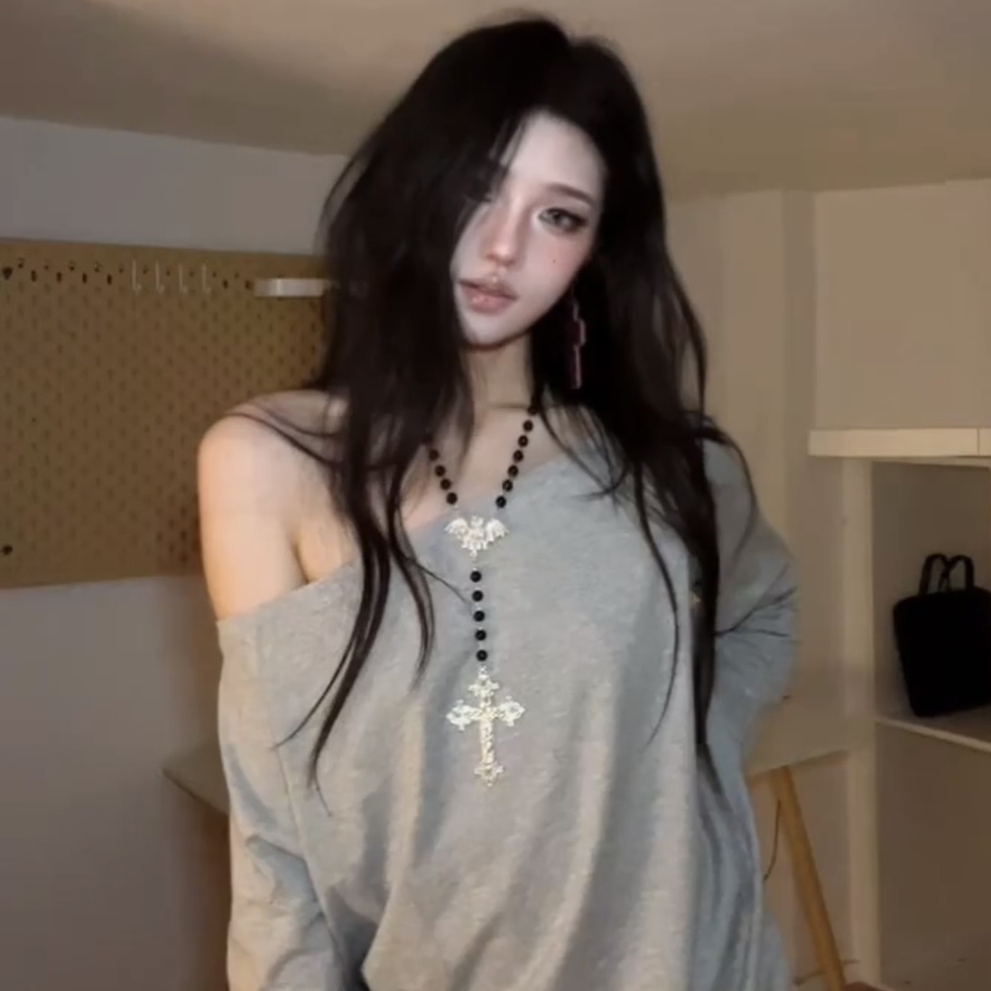 Y2K Layered Cross Long Hoodie with Necklace, Baddie Studded Choker Accessory, Star Pendant Sweater Chain Y2K Layered Cross Long Hoodie with Necklace, Baddie Studded Choker Accessory, Star Pendant Sweater Chain