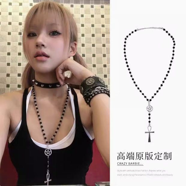 Y2K Layered Cross Long Hoodie with Necklace, Baddie Studded Choker Accessory, Star Pendant Sweater Chain