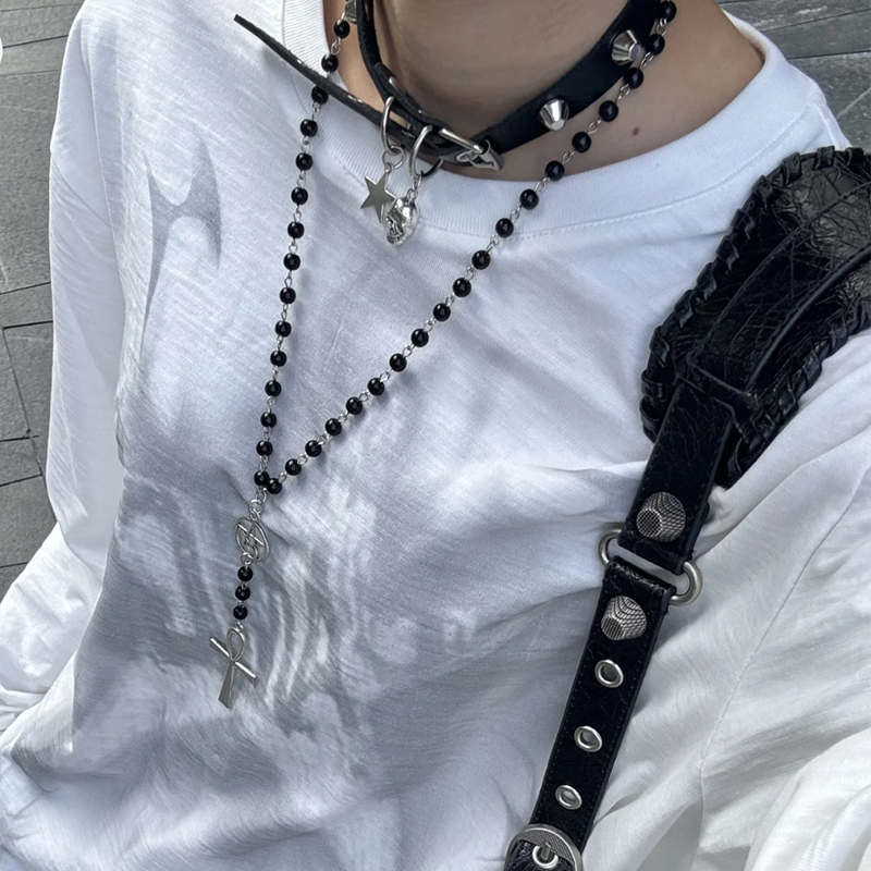 Y2K Layered Cross Long Hoodie with Necklace, Baddie Studded Choker Accessory, Star Pendant Sweater Chain Y2K Layered Cross Long Hoodie with Necklace, Baddie Studded Choker Accessory, Star Pendant Sweater Chain