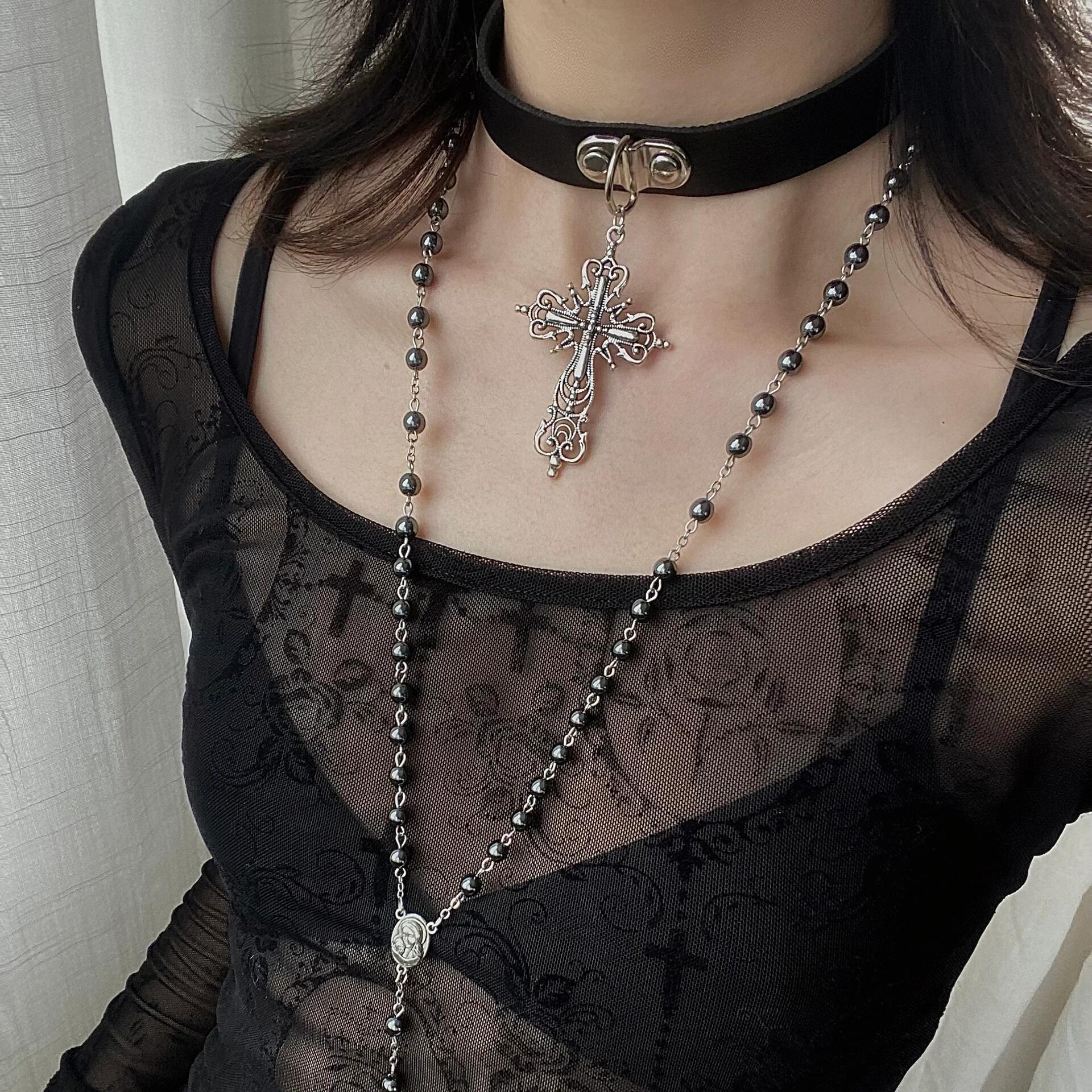 Y2K Layered Cross Long Hoodie with Necklace, Baddie Studded Choker Accessory, Star Pendant Sweater Chain Y2K Layered Cross Long Hoodie with Necklace, Baddie Studded Choker Accessory, Star Pendant Sweater Chain