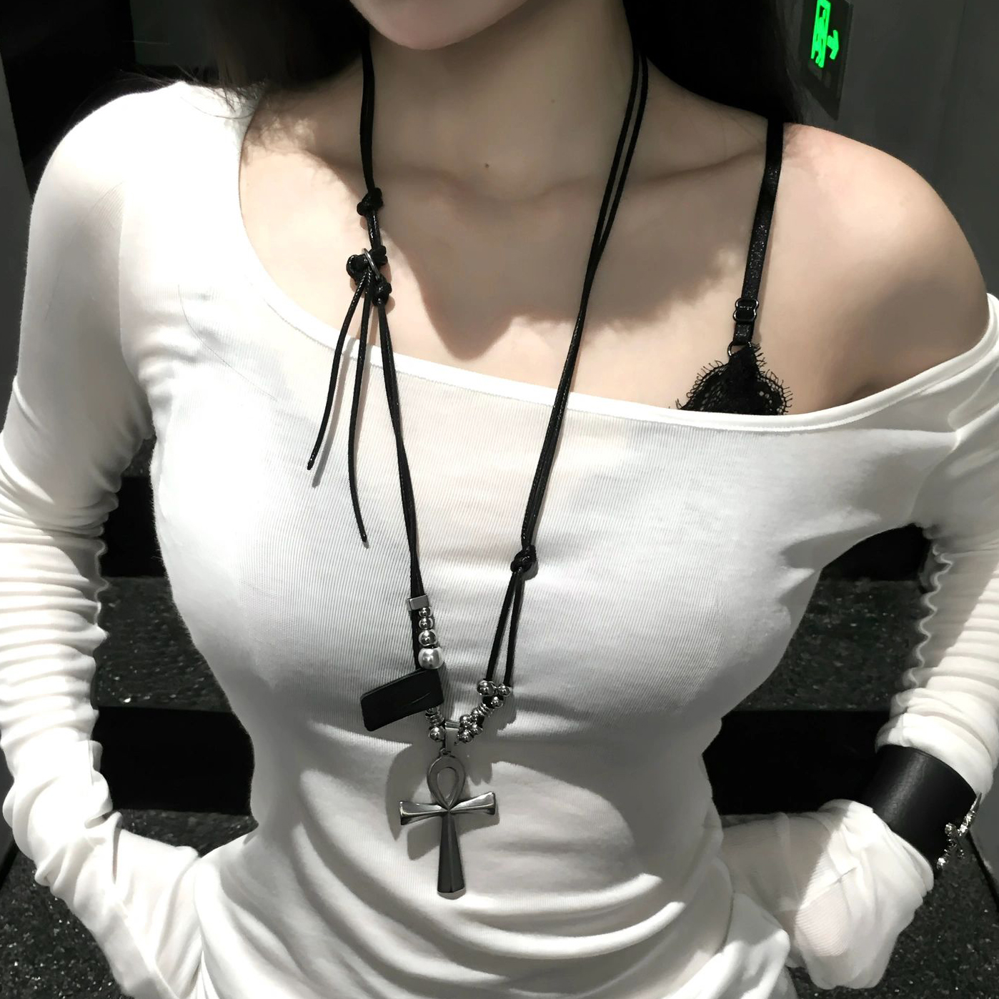 Y2K Layered Cross Long Hoodie with Necklace, Baddie Studded Choker Accessory, Star Pendant Sweater Chain Y2K Layered Cross Long Hoodie with Necklace, Baddie Studded Choker Accessory, Star Pendant Sweater Chain
