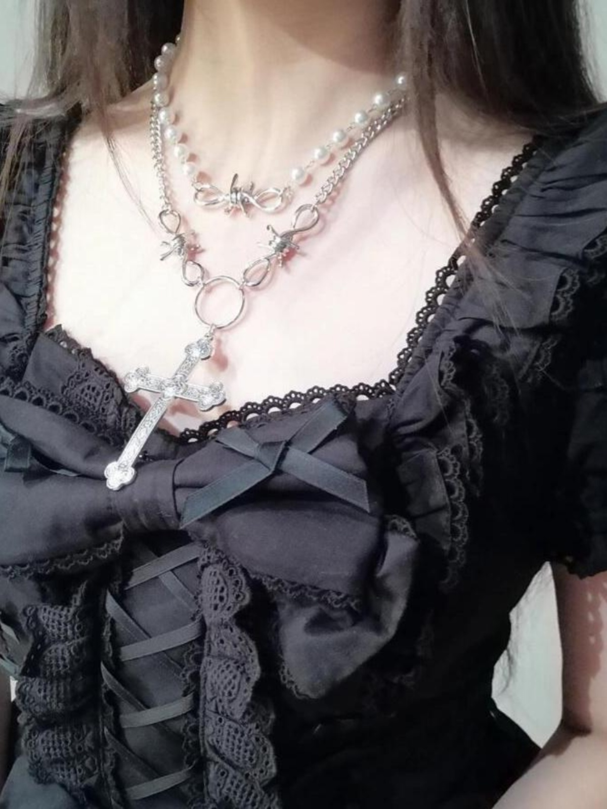 Y2K Pearl Cross Pendant Necklace for Women, Multi-Layer Metal Sweater Chain Accessory, Sweet and Cool Style Y2K Pearl Cross Pendant Necklace for Women, Multi-Layer Metal Sweater Chain Accessory, Sweet and Cool Style