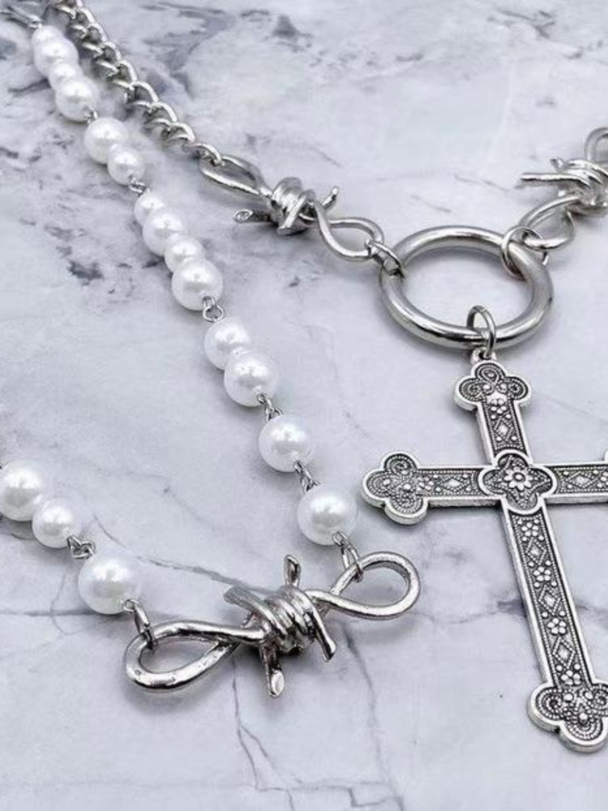 Y2K Pearl Cross Pendant Necklace for Women, Multi-Layer Metal Sweater Chain Accessory, Sweet and Cool Style Y2K Pearl Cross Pendant Necklace for Women, Multi-Layer Metal Sweater Chain Accessory, Sweet and Cool Style