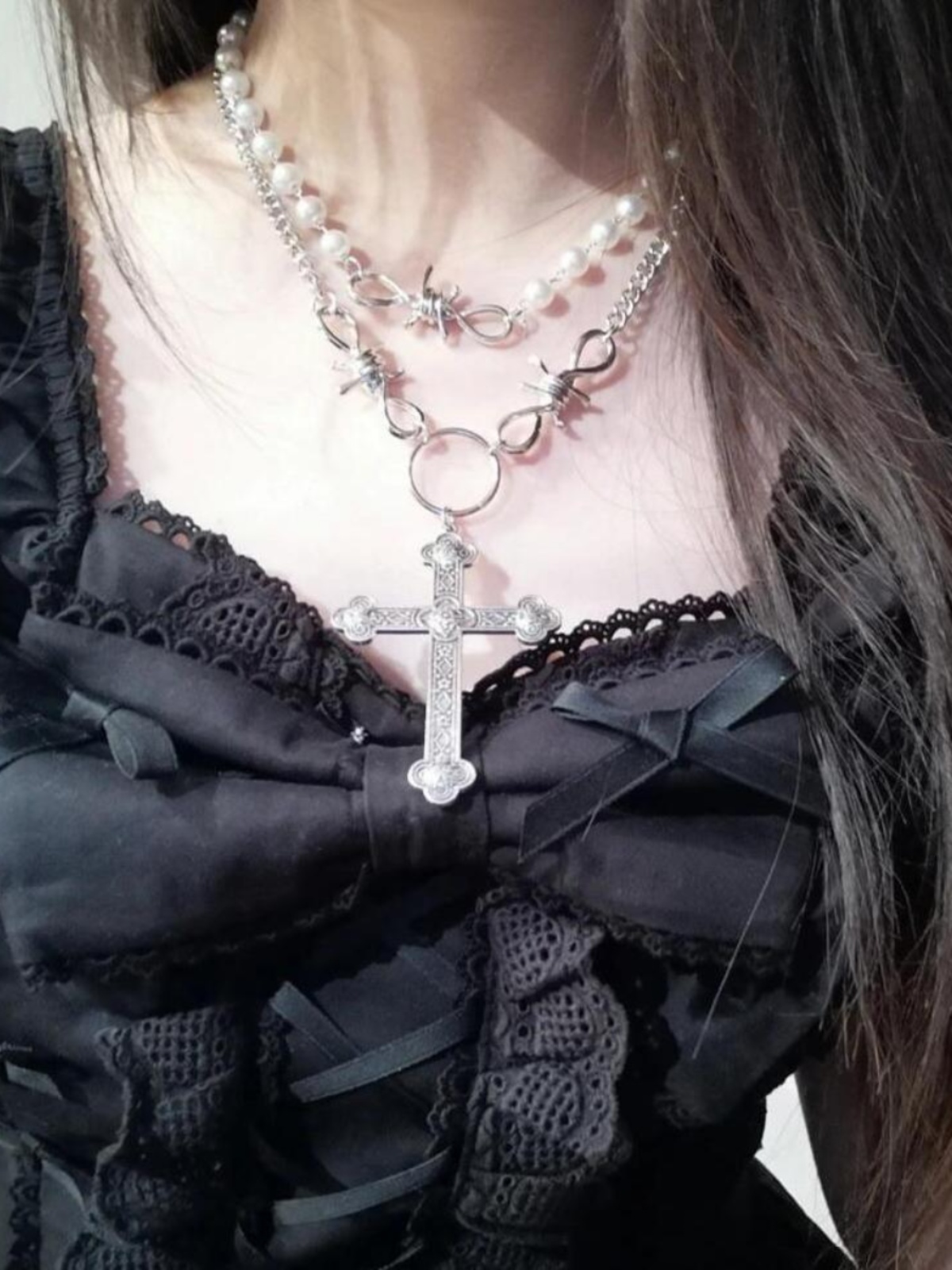 Y2K Pearl Cross Pendant Necklace for Women, Multi-Layer Metal Sweater Chain Accessory, Sweet and Cool Style Y2K Pearl Cross Pendant Necklace for Women, Multi-Layer Metal Sweater Chain Accessory, Sweet and Cool Style