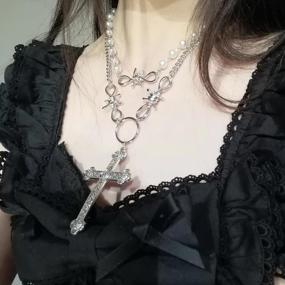 Y2K Pearl Cross Pendant Necklace for Women, Multi-Layer Metal Sweater Chain Accessory, Sweet and Cool Style