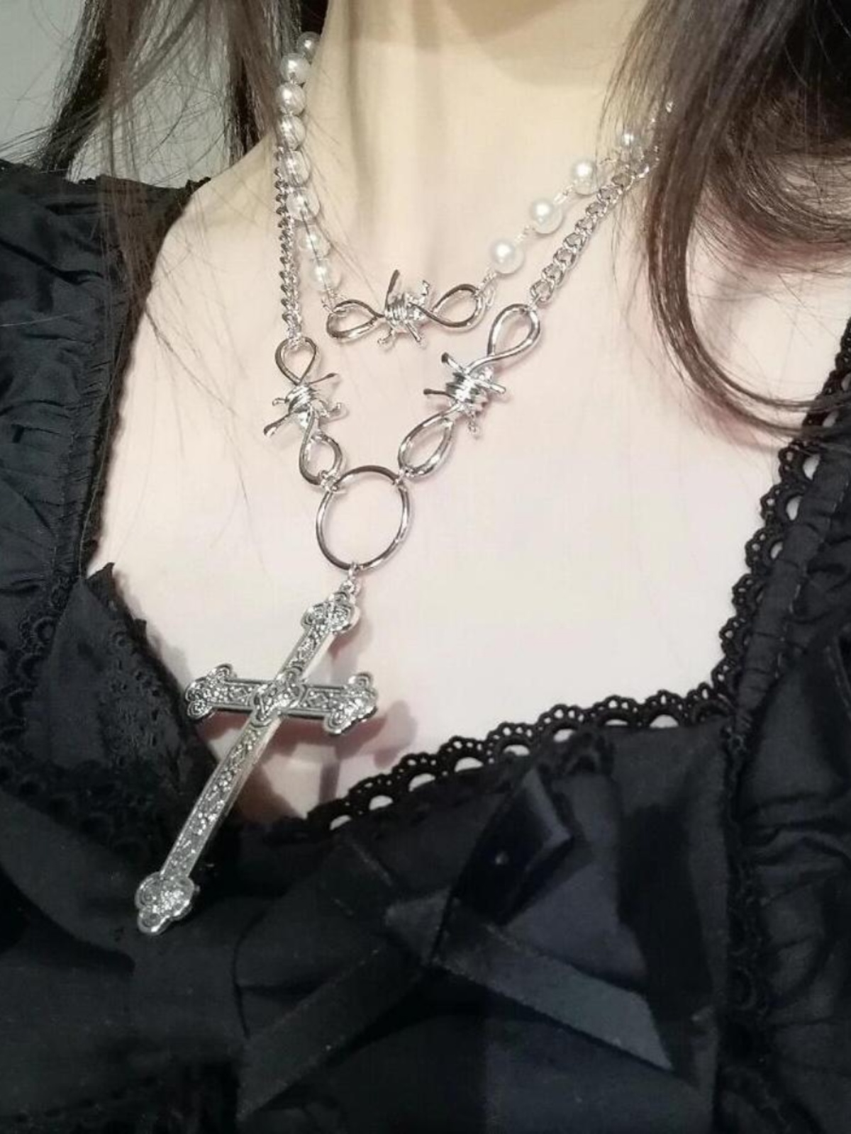 Y2K Pearl Cross Pendant Necklace for Women, Multi-Layer Metal Sweater Chain Accessory, Sweet and Cool Style