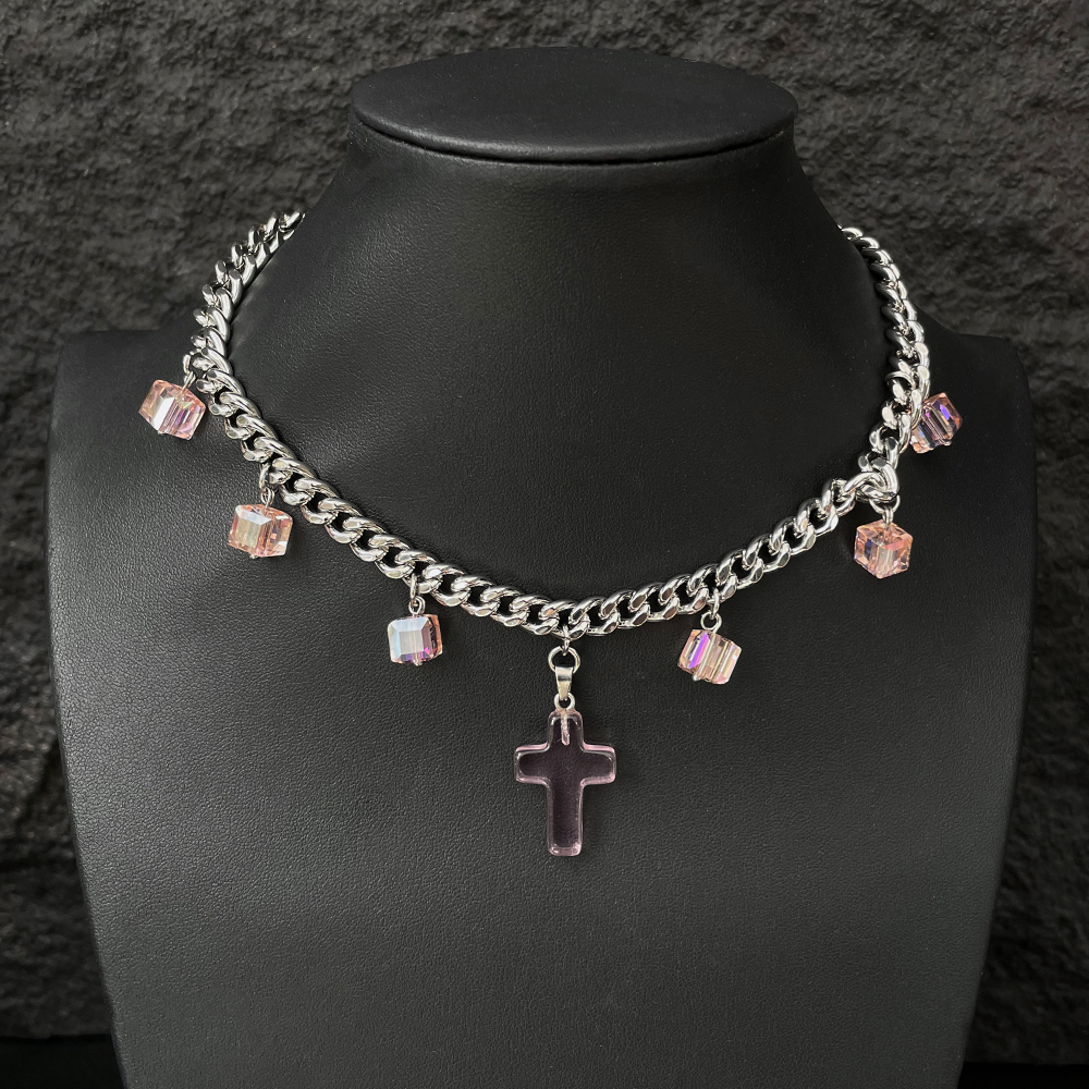 Y2K Pink Crystal Cross Necklace for Women, High-End Sweet Clavicle Chain, Cool Spicy Girl Neck Accessory