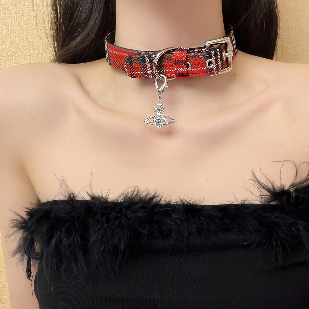 Y2K Plaid Star Chain Red Choker Collar Necklace - Subculture Sweet Cool Spicy Girl Accessory