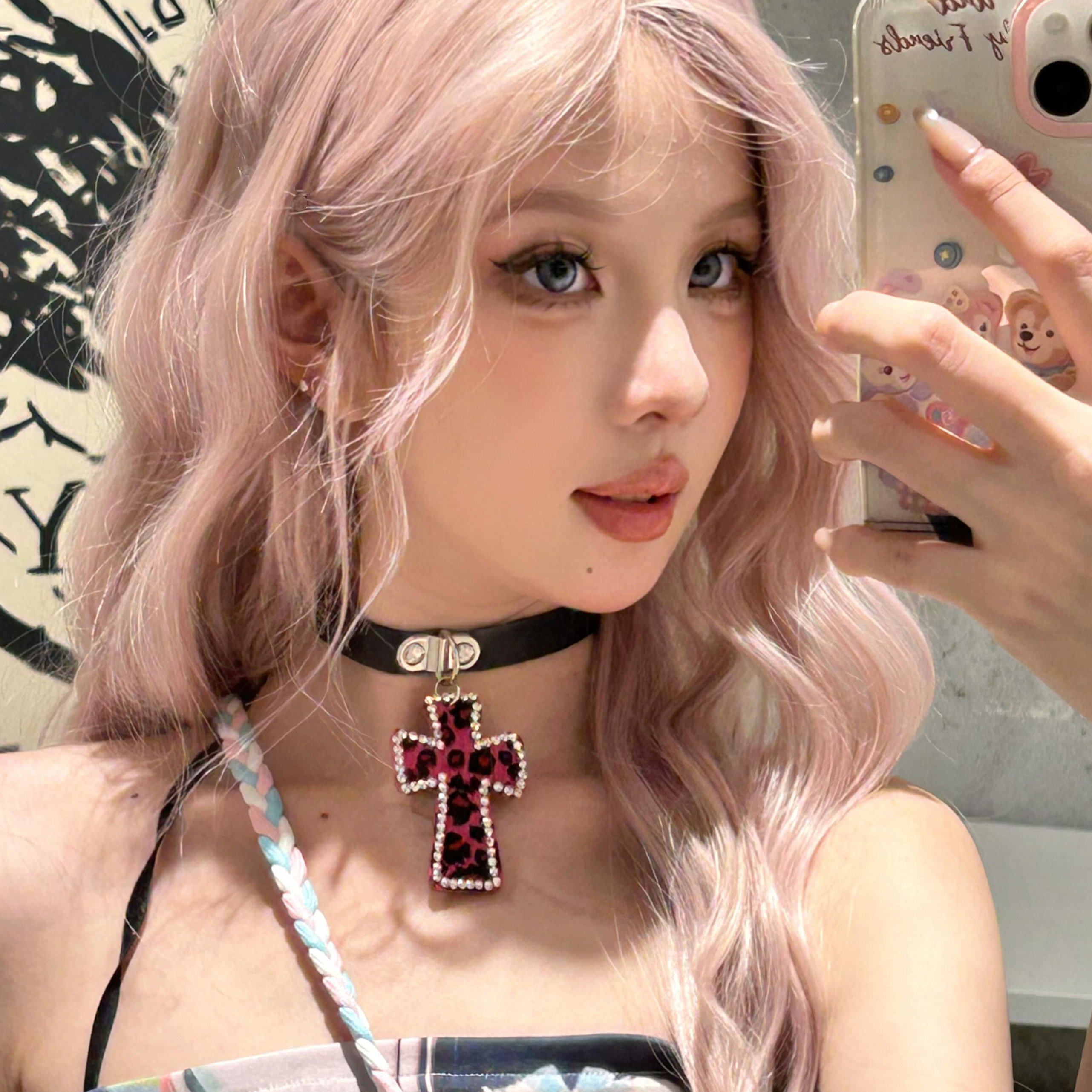 Y2K Retro Leopard Print Choker Necklace - Sweet Cross Neck Ring for Cool Spicy Girl Style