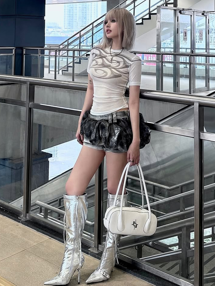 Y2K Retro Print Mesh Short Sleeve T-Shirt for Women, Slightly Sheer Slim Fit Cover-Up Top, Trendy 90s Inspired Fashion Y2K Retro Print Mesh Short Sleeve T-Shirt for Women, Slightly Sheer Slim Fit Cover-Up Top, Trendy 90s Inspired Fashion