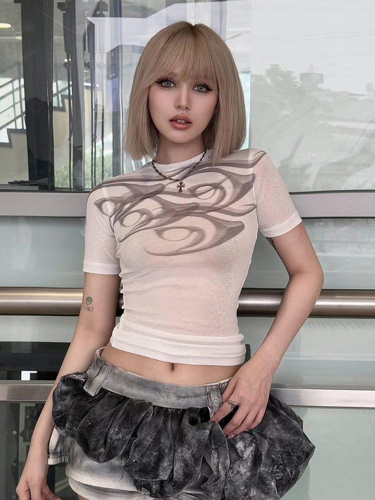 Y2K Retro Print Mesh Short Sleeve T-Shirt for Women, Slightly Sheer Slim Fit Cover-Up Top, Trendy 90s Inspired Fashion Y2K Retro Print Mesh Short Sleeve T-Shirt for Women, Slightly Sheer Slim Fit Cover-Up Top, Trendy 90s Inspired Fashion