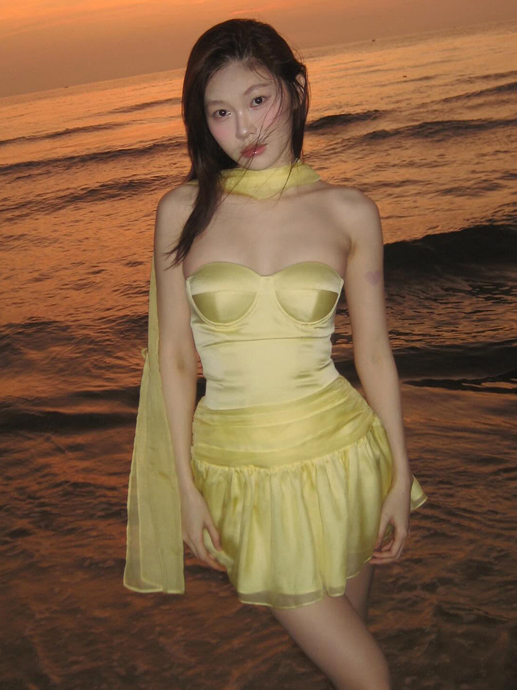 Yellow Satin Strapless A-Line Dress for Women | Slim Fit Vacation Style | Trendy Summer Look | Perfect for Semporna Island Getaway Yellow Satin Strapless A-Line Dress for Women | Slim Fit Vacation Style | Trendy Summer Look | Perfect for Semporna Island Getaway