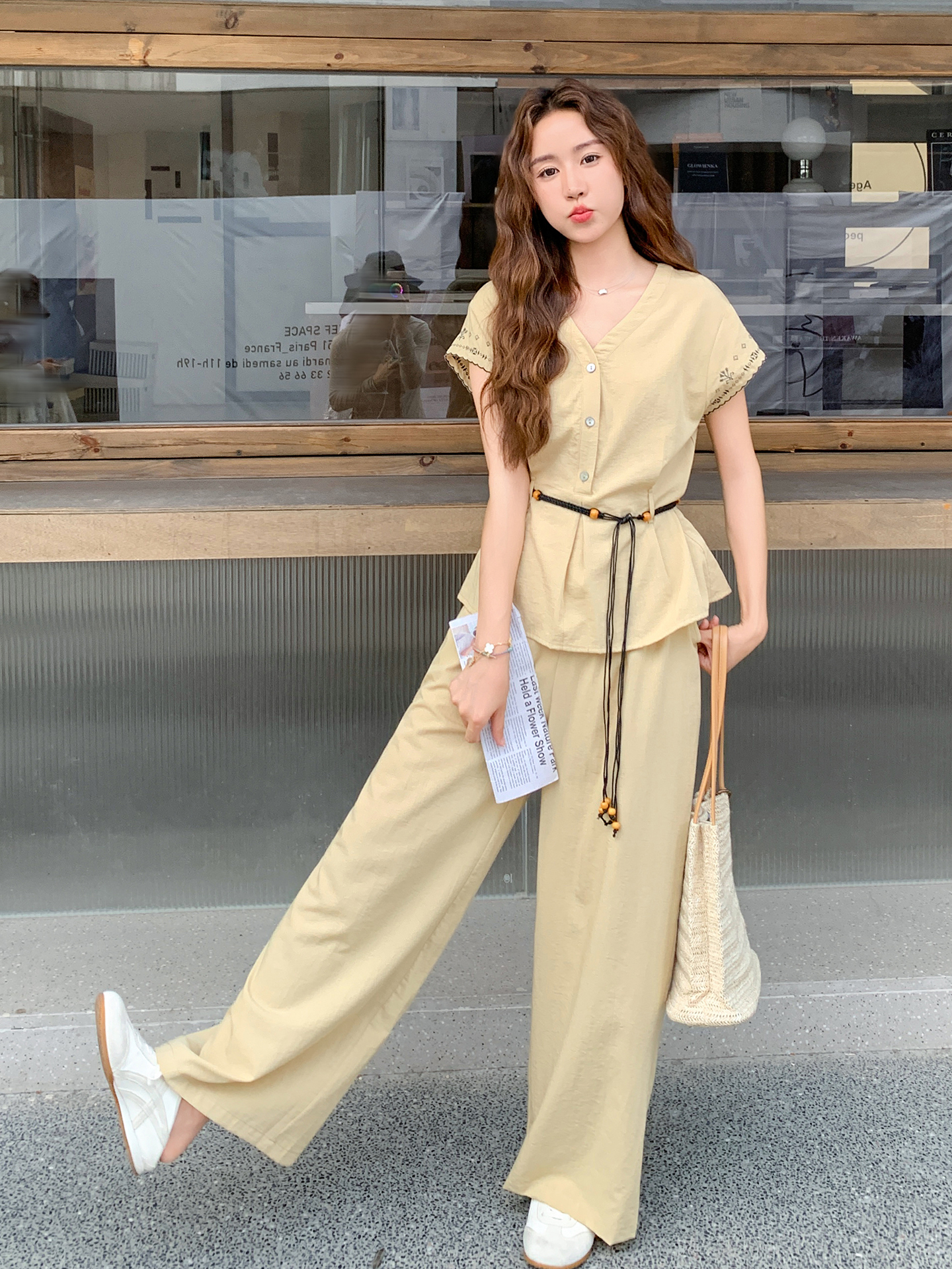 Yellow V-Neck Artistic Temperament Shirt & Wide-Leg Pants Set for Women, Slimming Summer 2025 Two-Piece Outfit, Trendy Style Yellow V-Neck Artistic Temperament Shirt & Wide-Leg Pants Set for Women, Slimming Summer 2025 Two-Piece Outfit, Trendy Style