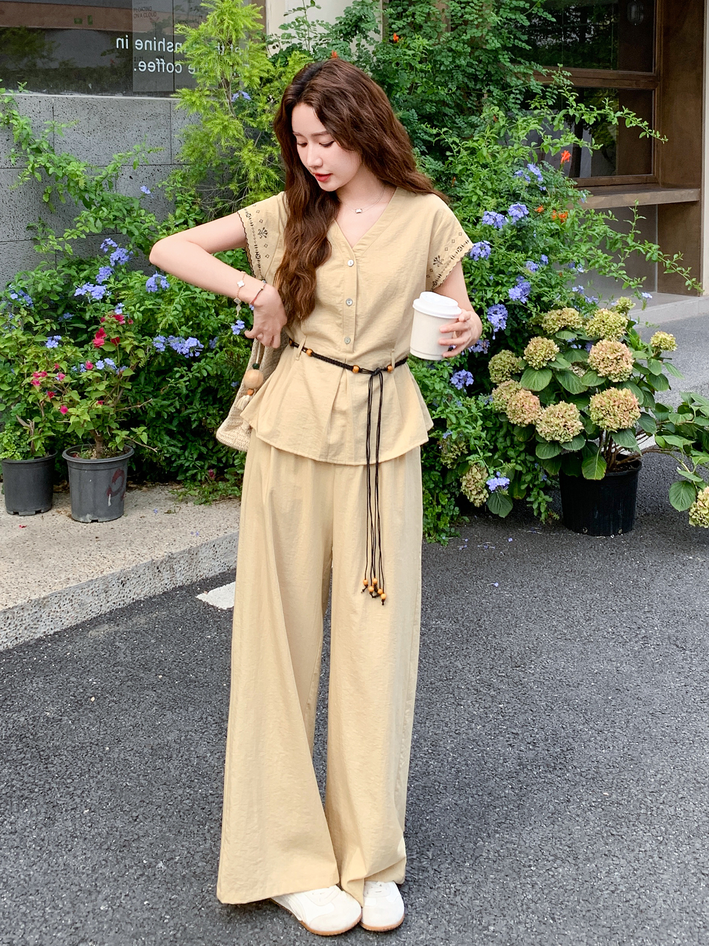 Yellow V-Neck Artistic Temperament Shirt & Wide-Leg Pants Set for Women, Slimming Summer 2025 Two-Piece Outfit, Trendy Style Yellow V-Neck Artistic Temperament Shirt & Wide-Leg Pants Set for Women, Slimming Summer 2025 Two-Piece Outfit, Trendy Style
