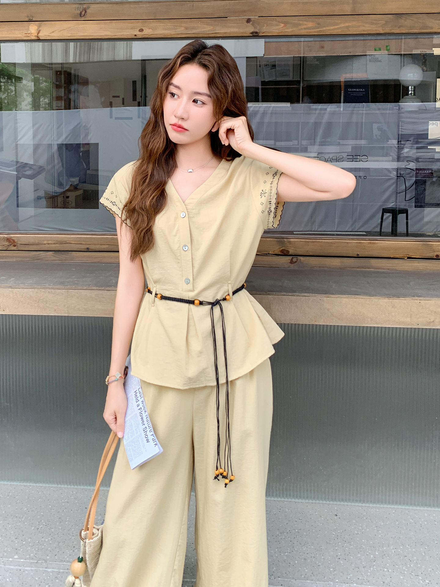 Yellow V-Neck Artistic Temperament Shirt & Wide-Leg Pants Set for Women, Slimming Summer 2025 Two-Piece Outfit, Trendy Style Yellow V-Neck Artistic Temperament Shirt & Wide-Leg Pants Set for Women, Slimming Summer 2025 Two-Piece Outfit, Trendy Style